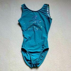 Aqua pot of gold gymnastics leotard
